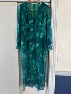 SHEIN Teal Green Floral V-Neck Maxi Dress